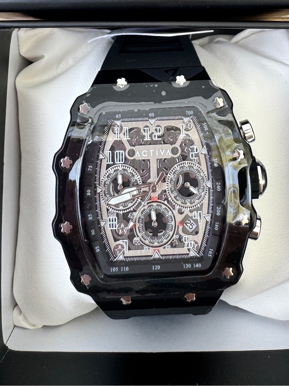 Activa Black Skeleton Dial Watch Oversized Silicone Strap New in Box